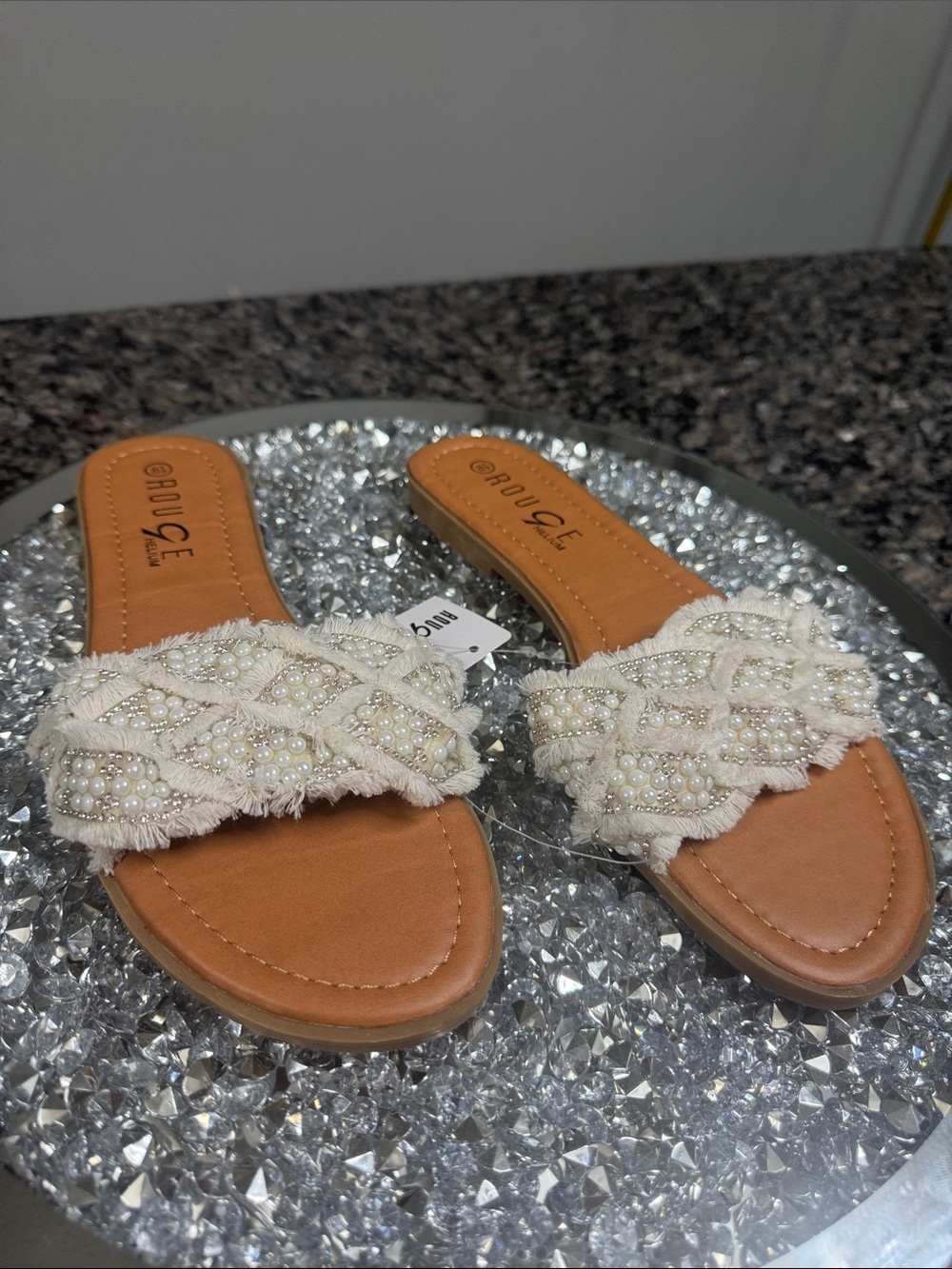 Rouge! Ivory Beaded Braided Slide Sandals NWT 8.5